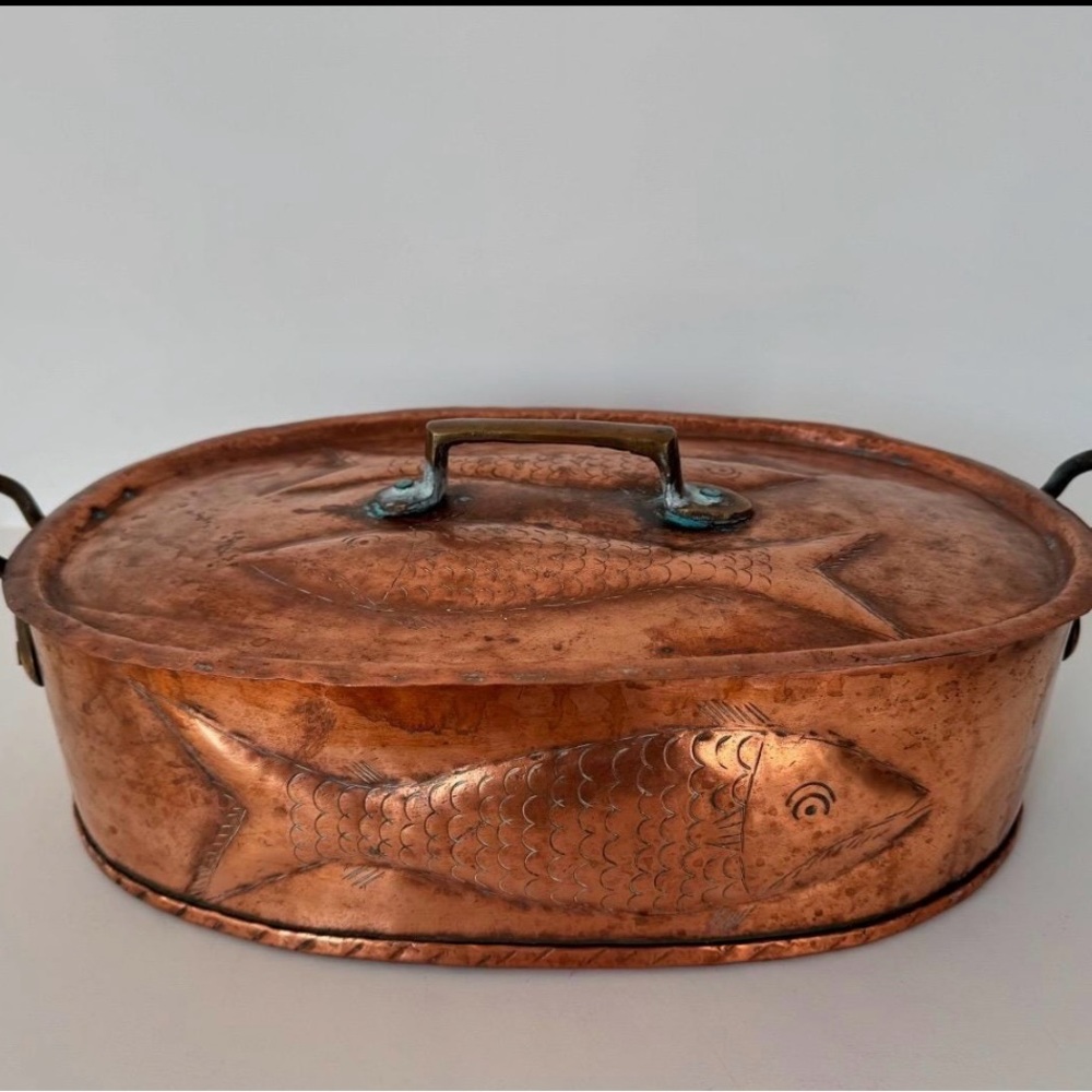Vintage Copper Fish Design Oval Pot